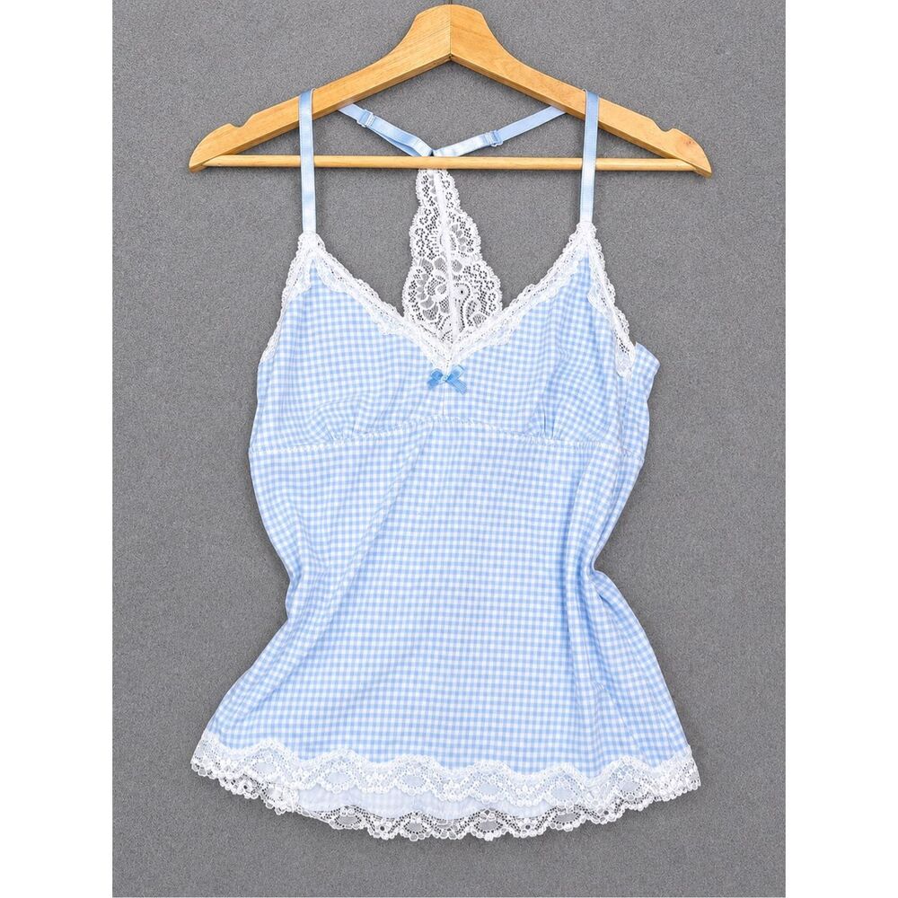 Laura Ashley Blue Gingham Lace Trim Cami Top Size M Cottagecore Coquette Y2K